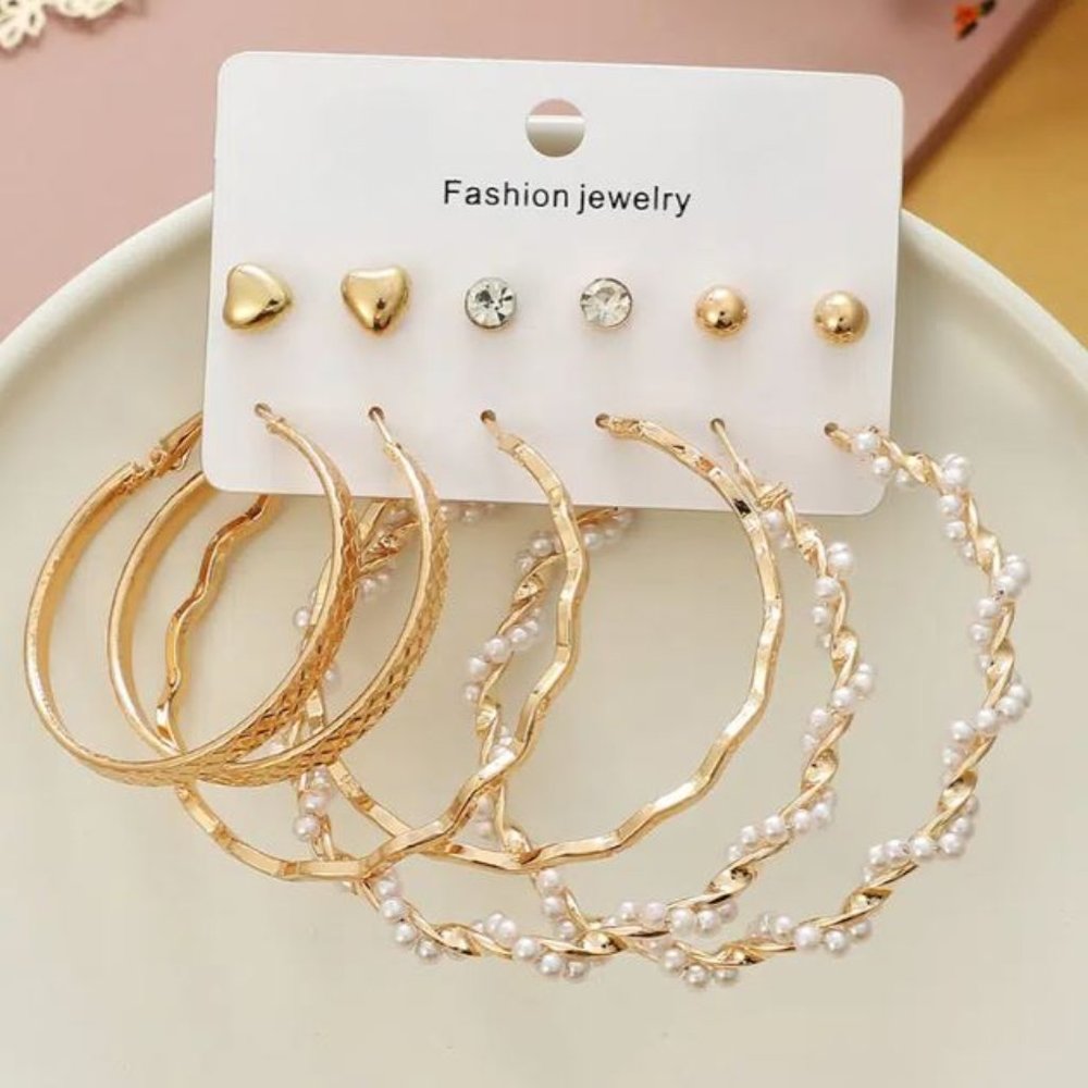 6 Pairs Faux Pearl Heart Decor Earrings Set